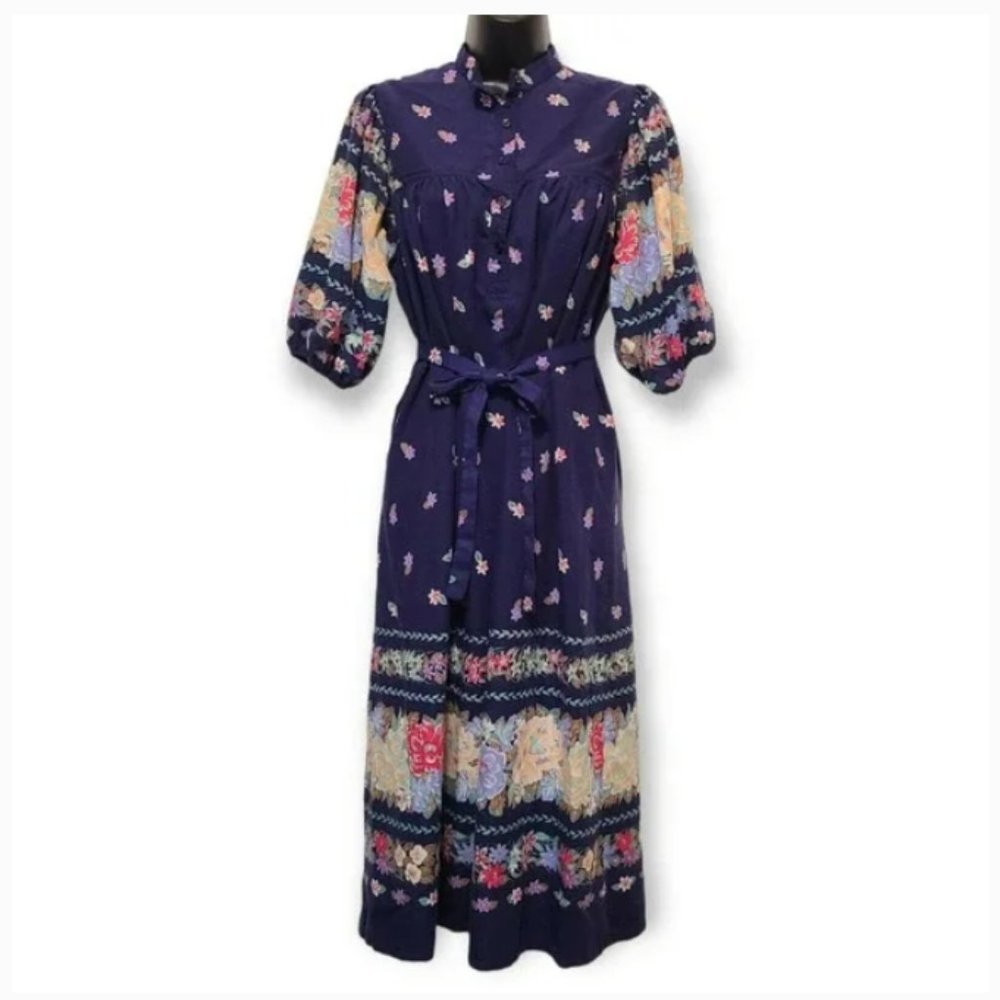 Robbie Bee Blue Floral Belted Puff Sleeve Cottagecore Dress Small - Picture 2 of 6